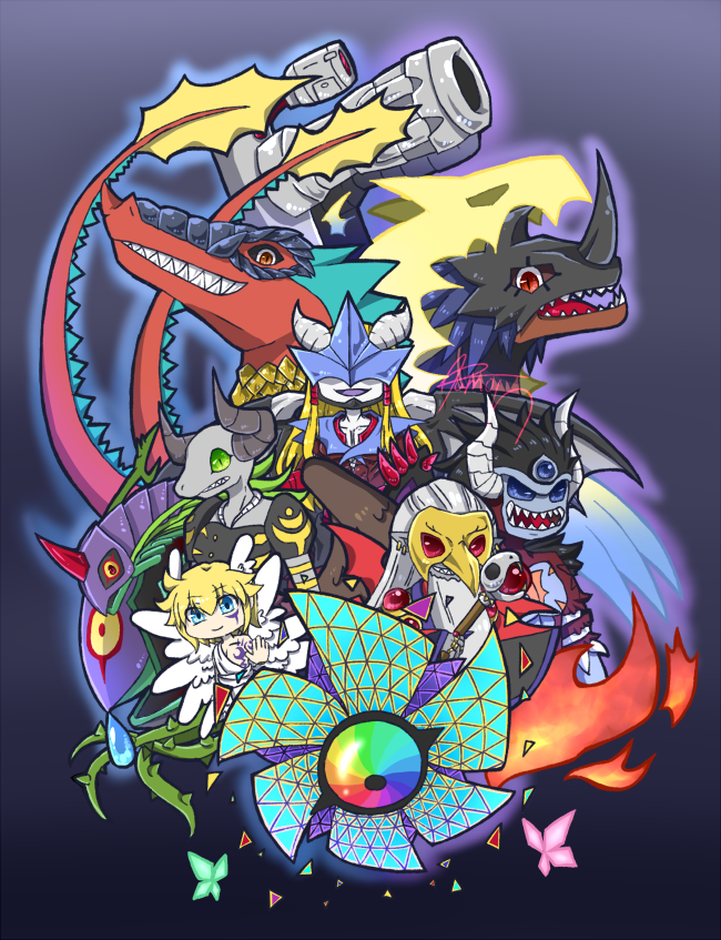 algomon, lucemon, leviamon, barbamon, demon, and 6 more (digimon and 1 more) drawn by rumor_(rumor_dem)