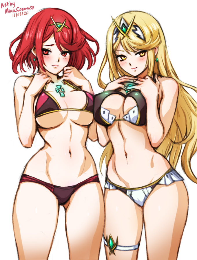 pyra and mythra (xenoblade chronicles and 1 more) drawn by mina_cream