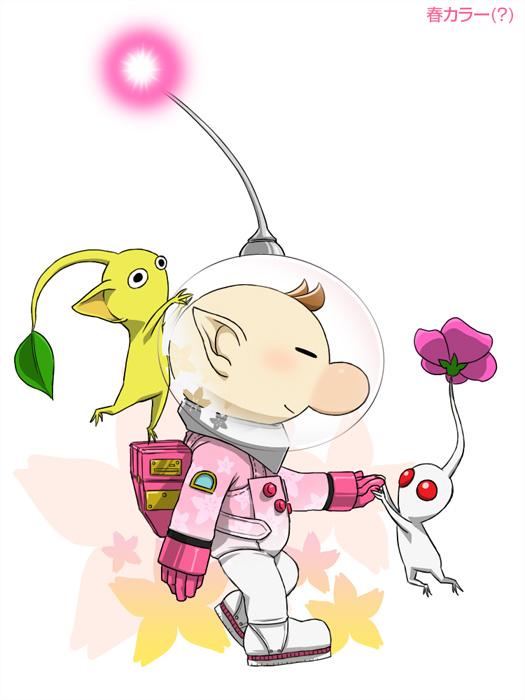 olimar, yellow pikmin, and white pikmin (pikmin) drawn by naru_(wish_field)