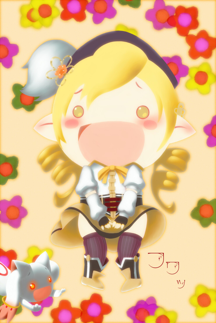 tomoe mami, kyubey, and fairy (mahou shoujo madoka magica and 1 more) drawn by hattoushinha_satsumi