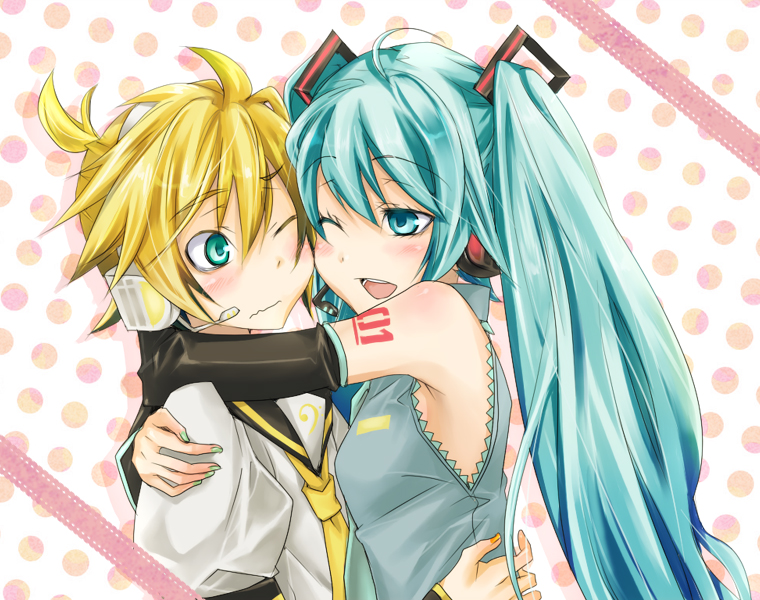 hatsune miku and kagamine len (vocaloid) drawn by mikipa