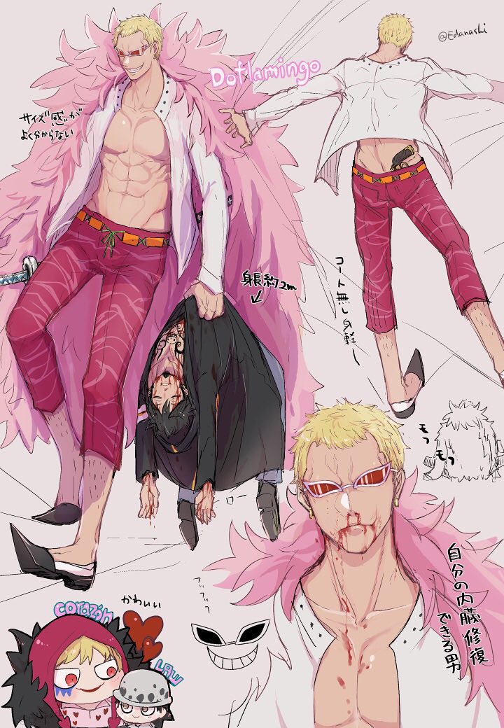 trafalgar law, donquixote doflamingo, and donquixote rocinante (one piece) drawn by nashieda