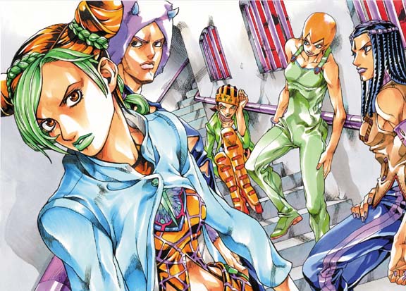 kujo jolyne, foo fighters, ermes costello, weather report, and gwess (jojo no kimyou na bouken and 1 more) drawn by mahito_(tranjistor)
