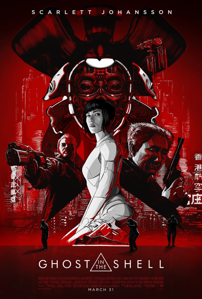 kusanagi motoko, batou, aramaki daisuke, scarlett johannson, and kitano takeshi (ghost in the shell)