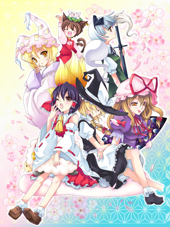 hakurei reimu, kirisame marisa, konpaku youmu, yakumo yukari, yakumo ran, and 1 more (touhou) drawn by maya_(natural_heart)