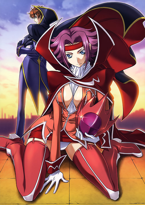 kouzuki kallen, kururugi suzaku, and zero (code geass) drawn by yokota_mamoru