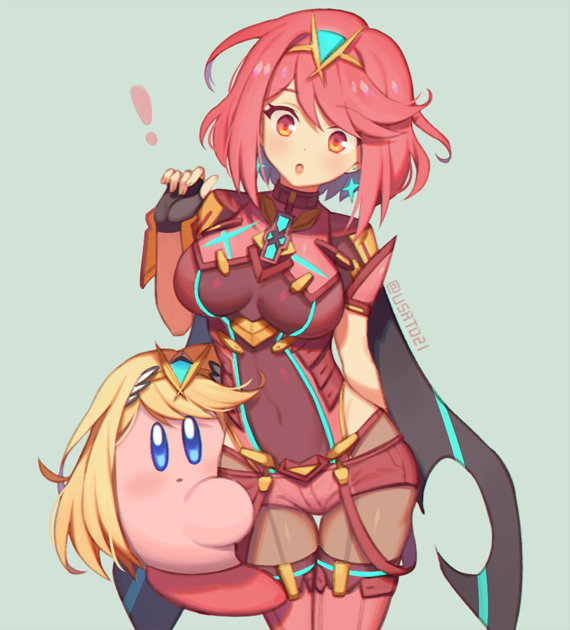 pyra, kirby, and mythra (xenoblade chronicles and 3 more) drawn by wusagi2