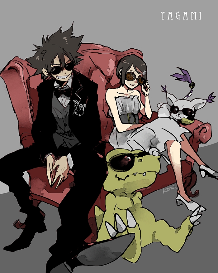 yagami hikari, yagami taichi, tailmon, and agumon (digimon and 1 more) drawn by komarou_(4km_ro)