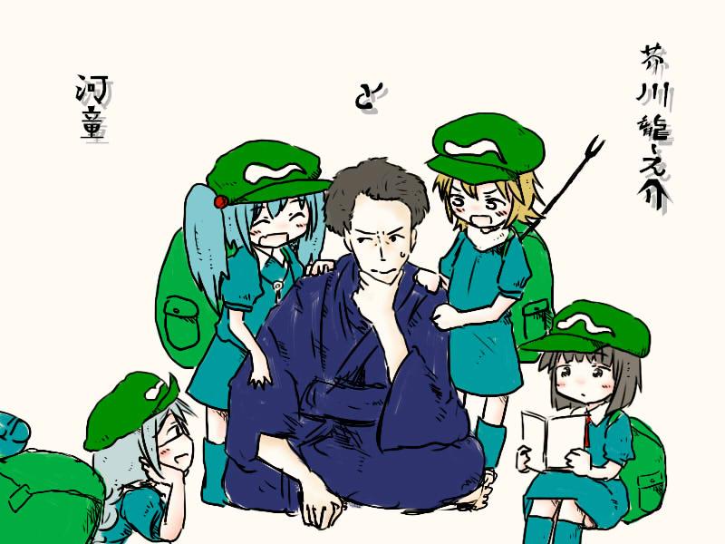 kawashiro nitori, kappa mob, dark haired kappa, glasses kappa, and akutagawa ryuunosuke (touhou) drawn by mojikakiya