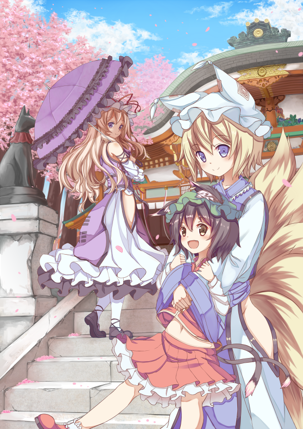 yakumo yukari, yakumo ran, and chen (touhou) drawn by yukishiro_arte