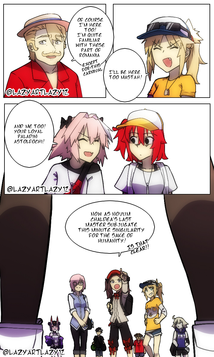 fujimaru ritsuka, jeanne d'arc alter, shuten douji, astolfo, mordred, and 3 more (fate and 1 more) drawn by lazyartlazy12 and tyrnickleback