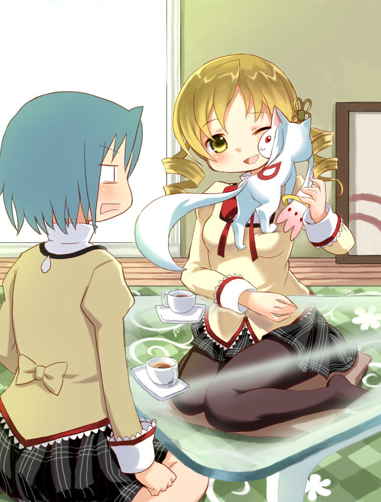 miki sayaka, tomoe mami, and kyubey (mahou shoujo madoka magica) drawn by m-eine
