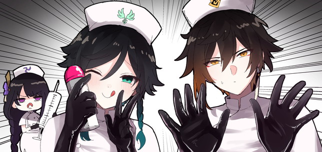 raiden shogun, zhongli, and venti (genshin impact) drawn by mottirimuttiri