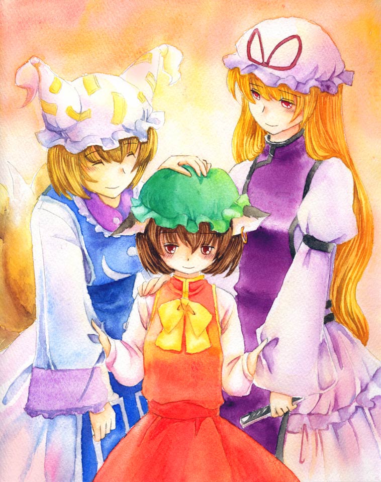 yakumo yukari, yakumo ran, and chen (touhou) drawn by shiroaisa