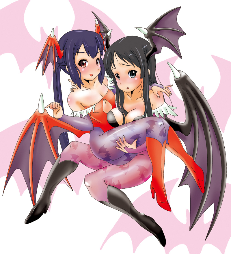 akiyama mio, nakano azusa, morrigan aensland, and lilith (k-on! and 1 more) drawn by shuryoudan_bunny-bu