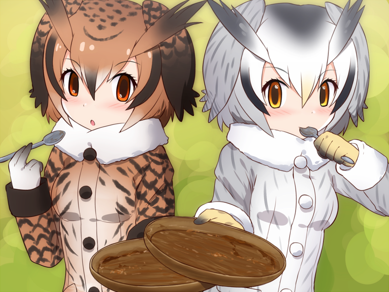 northern white-faced owl and eurasian eagle owl (kemono friends) drawn by iwahana
