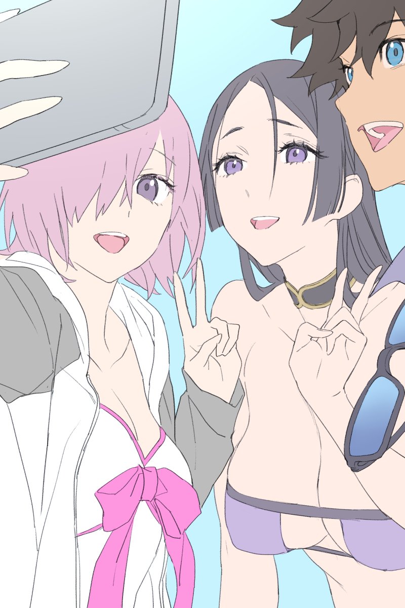 mash kyrielight, fujimaru ritsuka, and minamoto no raikou (fate and 1 more) drawn by nakuta