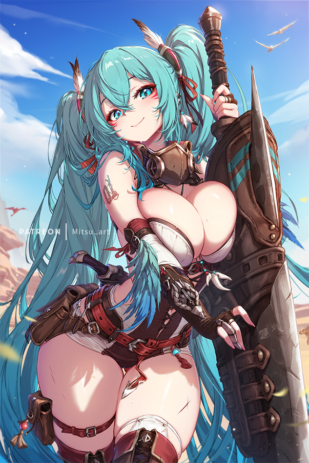 hatsune miku and monster hunter (vocaloid and 2 more) drawn by mitsu_(mitsu_art)