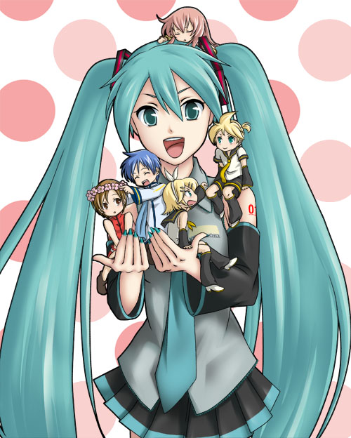 hatsune miku, kagamine rin, kagamine len, megurine luka, kaito, and 1 more (vocaloid) drawn by robiari