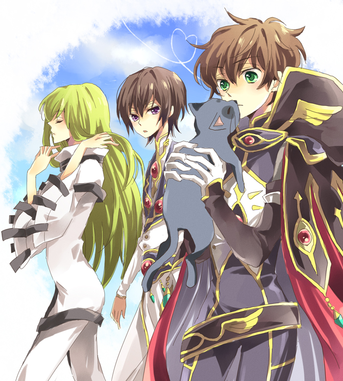 c.c., lelouch vi britannia, kururugi suzaku, and arthur (code geass) drawn by yuzuki_karu
