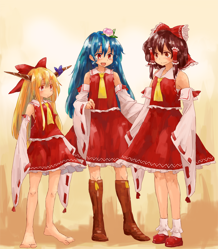 hakurei reimu, hinanawi tenshi, and ibuki suika (touhou) drawn by matsutani