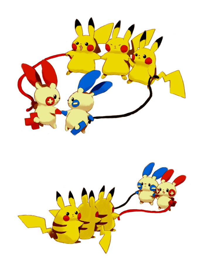 pikachu, minun, and plusle (pokemon) drawn by goruti