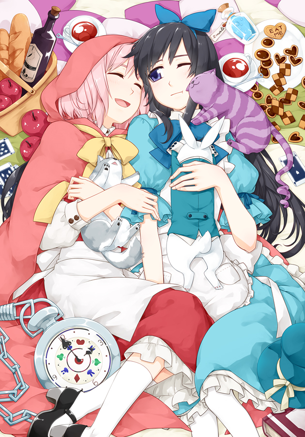 akemi homura, kaname madoka, alice, and little red riding hood (mahou shoujo madoka magica and 2 more) drawn by sakuraba_yuuki
