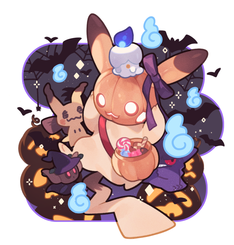pikachu, gengar, mimikyu, litwick, and phantump (pokemon) drawn by x0xyule
