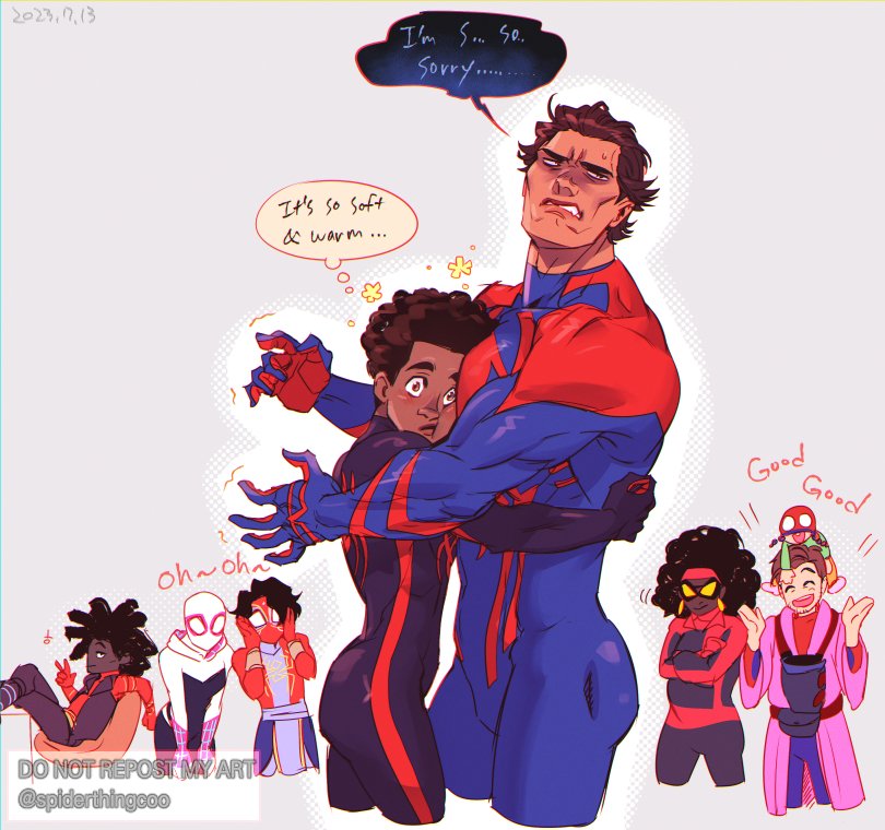 spider-gwen, gwen stacy, miguel o'hara, miles morales, peter b parker, and 5 more (marvel and 3 more) drawn by spiderthingcoo