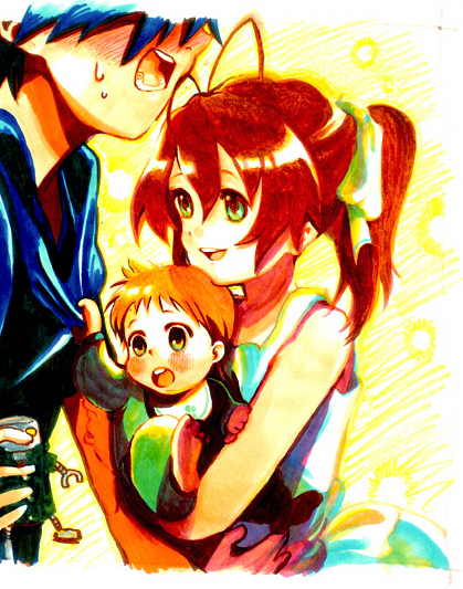 furukawa nagisa, okazaki tomoya, okazaki ushio, and mechazawa shin'ichi (clannad and 1 more) drawn by harumachi_(hi-sugar)