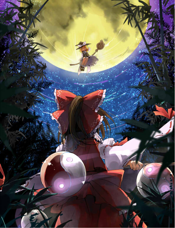 hakurei reimu and kirisame marisa (touhou and 1 more) drawn by taker_(flamestorm)