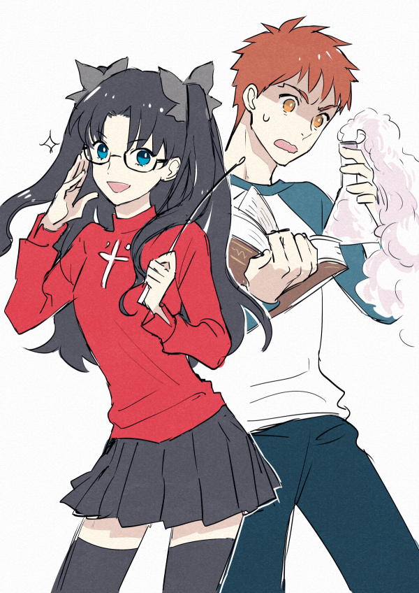 tohsaka rin and emiya shirou (fate and 1 more) drawn by ame_(conronca)