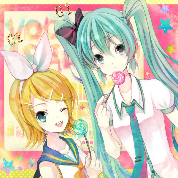 hatsune miku and kagamine rin (vocaloid) drawn by anko_kinako