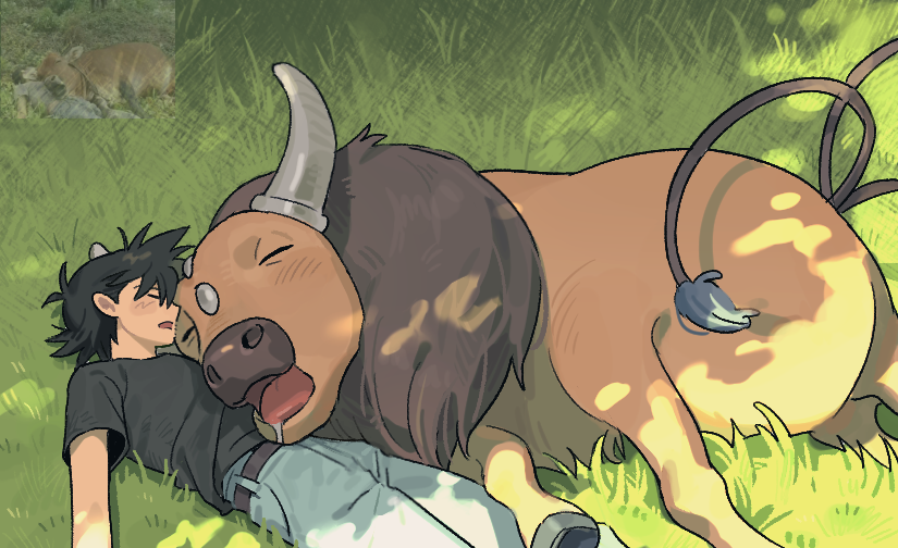 ash ketchum and tauros (pokemon) drawn by p_oxo7