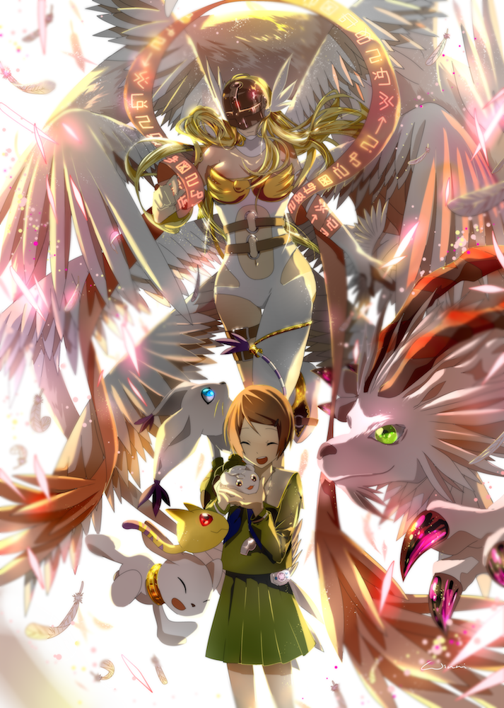 angewomon, yagami hikari, tailmon, plotmon, nyaromon, and 2 more (digimon and 2 more) drawn by winni