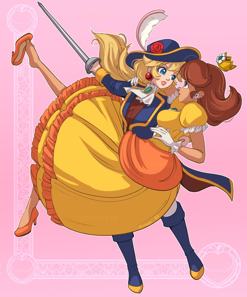princess peach, princess daisy, and swordfighter peach (mario and 1 more) drawn by purrnyia