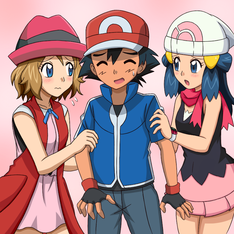 dawn, ash ketchum, and serena (pokemon and 1 more) drawn by kuro_hopper