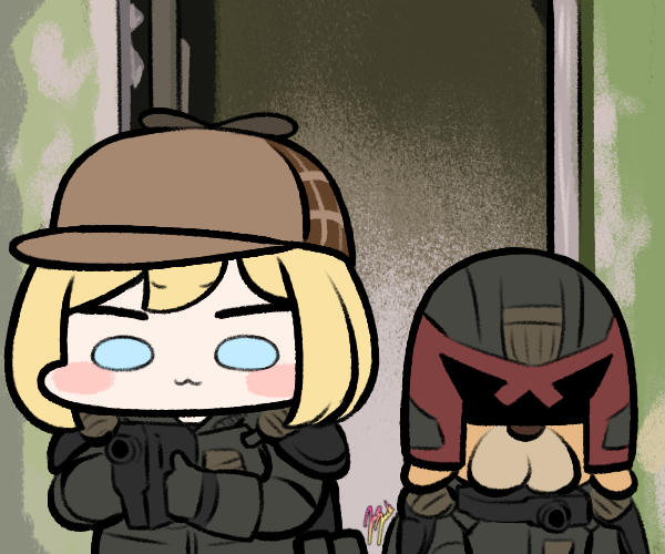 watson amelia, bubba, and judge dredd (hololive and 2 more) drawn by jazz_jack