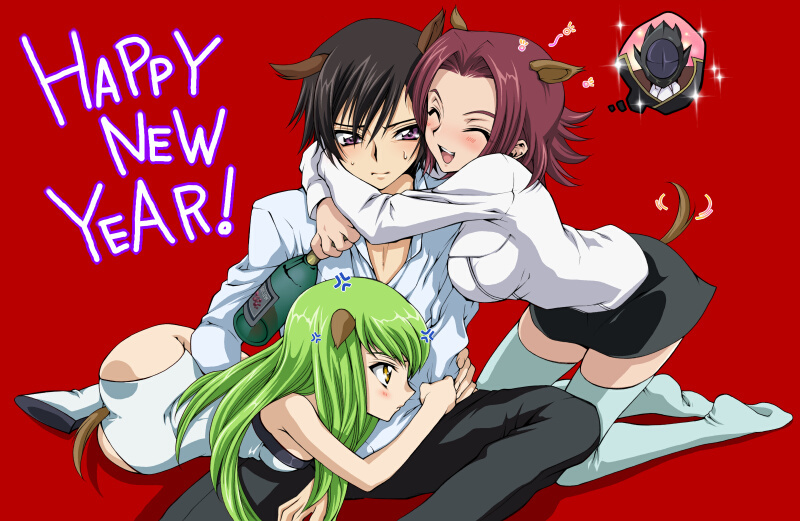 c.c., lelouch vi britannia, and kouzuki kallen (code geass) drawn by iyou and mizuno_poppo