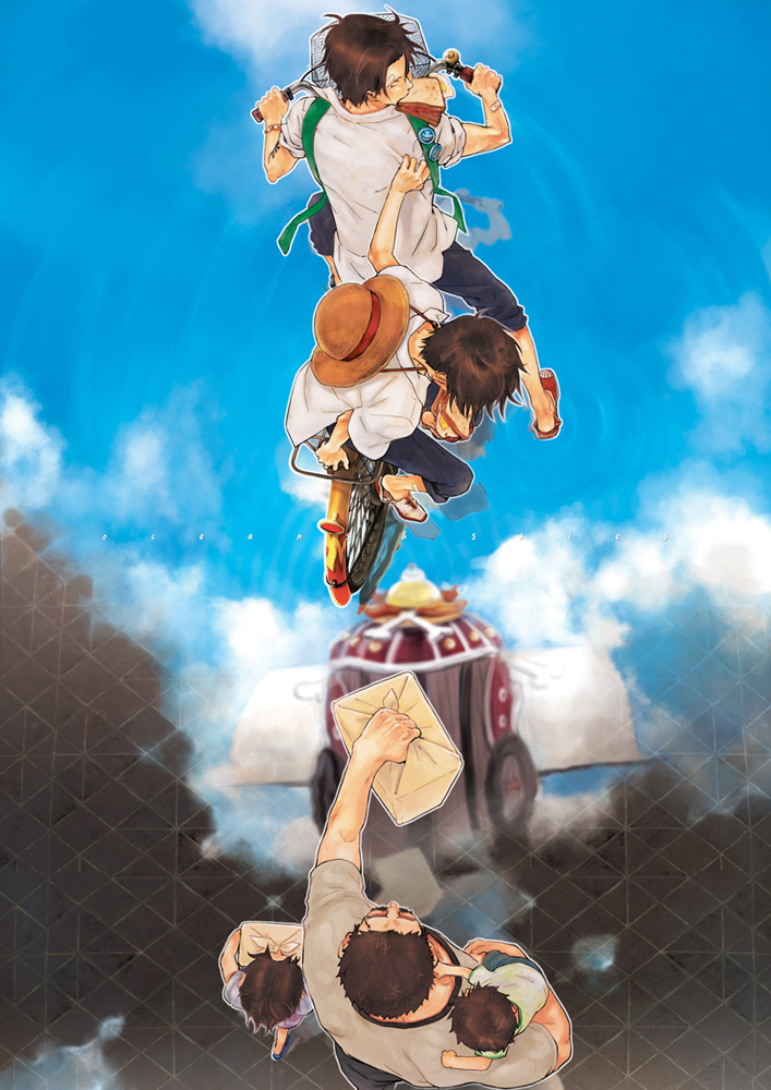 monkey d. luffy, portgas d. ace, thousand sunny, and monkey d. garp (one piece) drawn by yooani