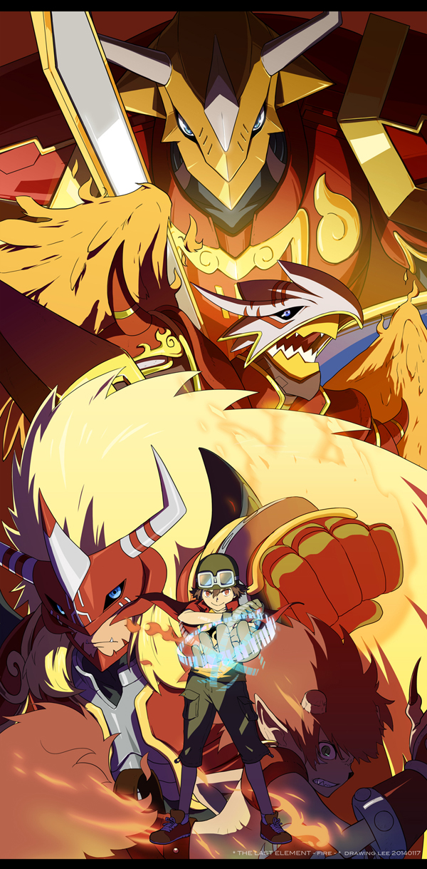 kanbara takuya, agnimon, kaisergreymon, vritramon, and flamon (digimon and 1 more) drawn by drawinglee