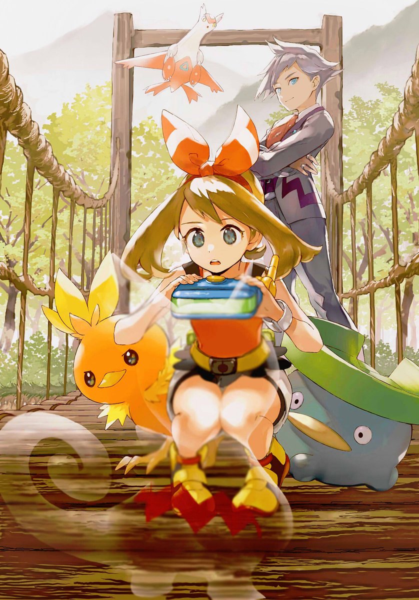 may, torchic, steven stone, latias, lotad, and 1 more (pokemon and 1 more) drawn by orange_mikan