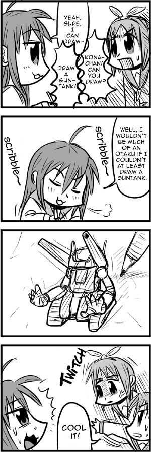 hiiragi kagami, izumi konata, hiiragi tsukasa, and guntank (lucky star) drawn by bkub