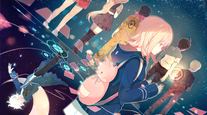 nanami chiaki, komaeda nagito, hinata hajime, sonia nevermind, soda kazuichi, and 2 more (danganronpa and 1 more) drawn by dhiea