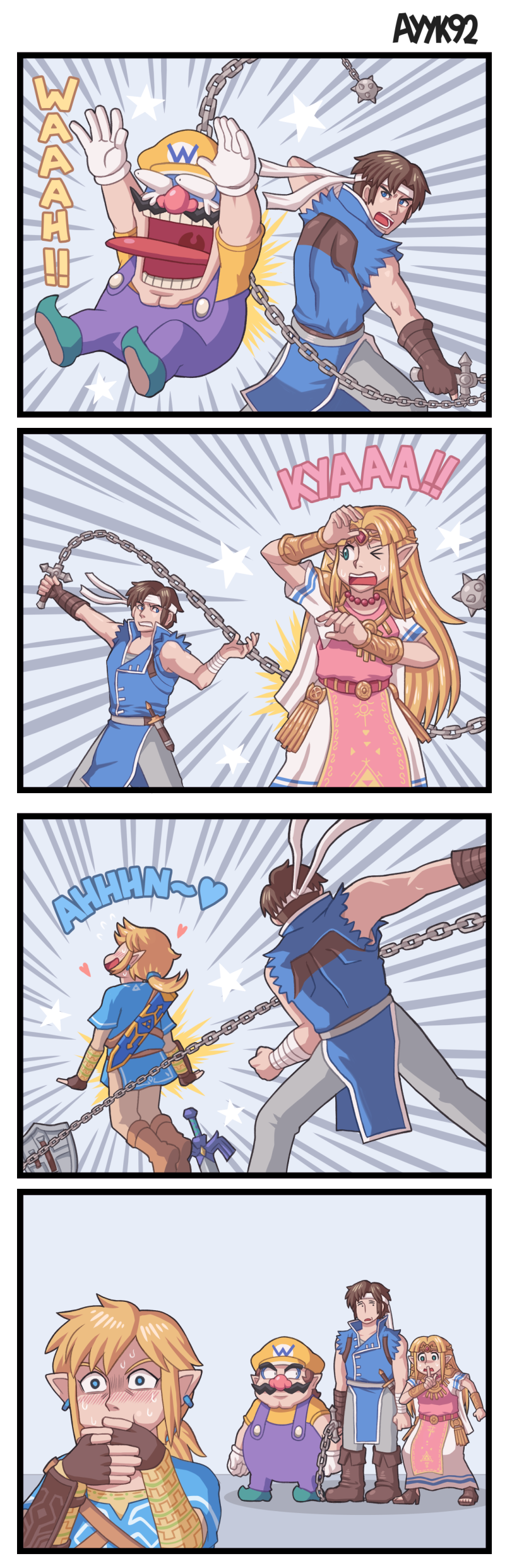 link, princess zelda, wario, and richter belmont (the legend of zelda and 6 more) drawn by ayyk92
