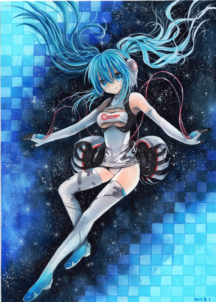 hatsune miku and racing miku (vocaloid and 2 more) drawn by mosho