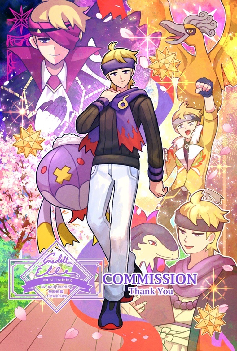 gengar, ho-oh, hisuian typhlosion, drifblim, and morty (pokemon and 2 more) drawn by gredell_elle