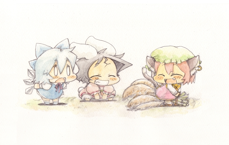 cirno, chen, and inaba tewi (touhou) drawn by baku_taso