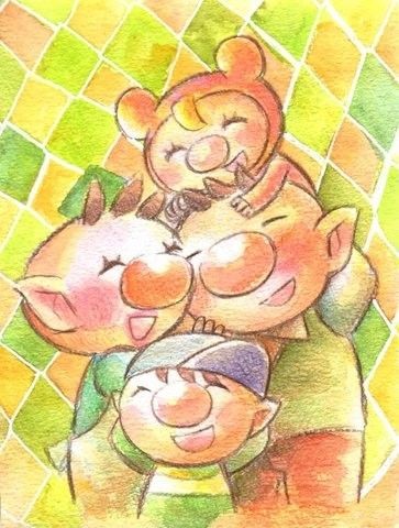 olimar, olimar's wife, olimar's son, and olimar's daughter (pikmin)