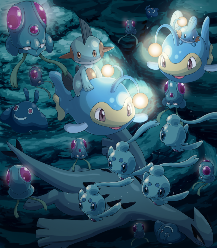 mudkip, lugia, lanturn, tentacool, marshtomp, and 2 more (pokemon) drawn by pokemoa
